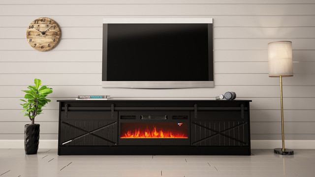 Szafka RTV GRANERO+kominek 200x56,7x35 czarny/czarny poł - zdjęcie 1
