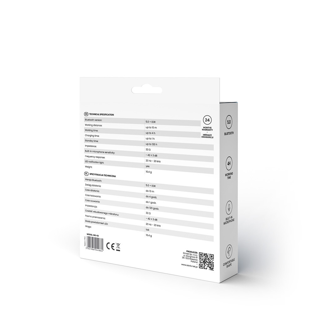SAVIO BEZPRZEWODOWE SŁUCHAWKI BLUETOOTH WE-03 - zdjęcie 3