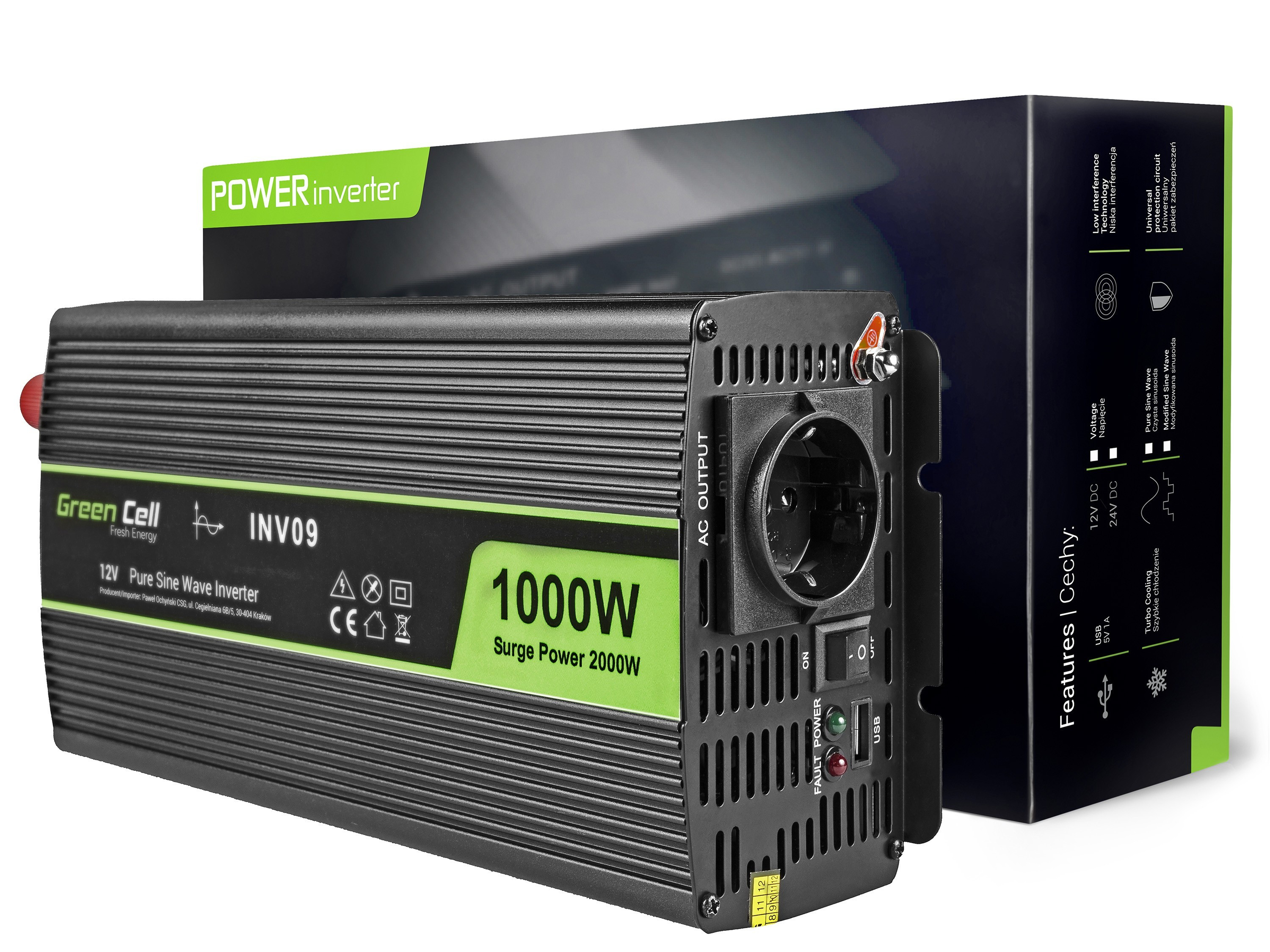 GREEN CELL PRZETWORNICA INV09 12V-230V 1000W/2000W - zdjęcie 1