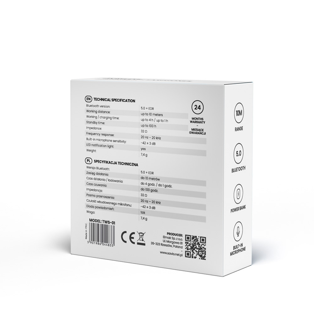 SAVIO BEZPRZEWODOWE SŁUCHAWKI BLUETOOTH TWS-01 - zdjęcie 4