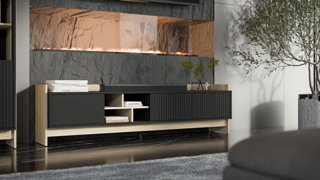 Szafka RTV PORTO 3D 190x38x50 dąb/czarny - zdjęcie 1