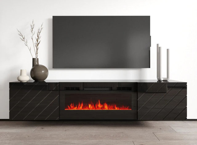 Szafka RTV LUXE 182,6x34,5x37,5 czarny/czarny połysk + czarny kominek - zdjęcie 1