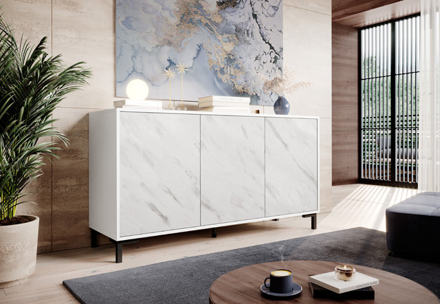 Komoda MARMO 3D 150x45xH80,5 biały mat/marmur biały - zdjęcie 1