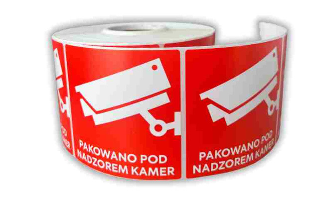 BSTech Etykieta samoprzylepna "Pakowane pod nadzorem kamer" 80x80 1000 szt - zdjęcie 1
