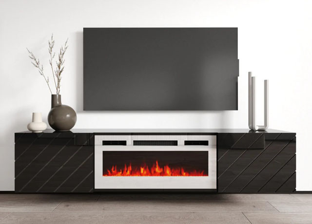 Szafka RTV LUXE 182,6x34,5x37,5 czarny/czarny połysk + biały kominek - zdjęcie 1