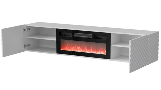 Szafka RTV LARA 183x35x37 biały mat + czarny kominek - zdjęcie 2