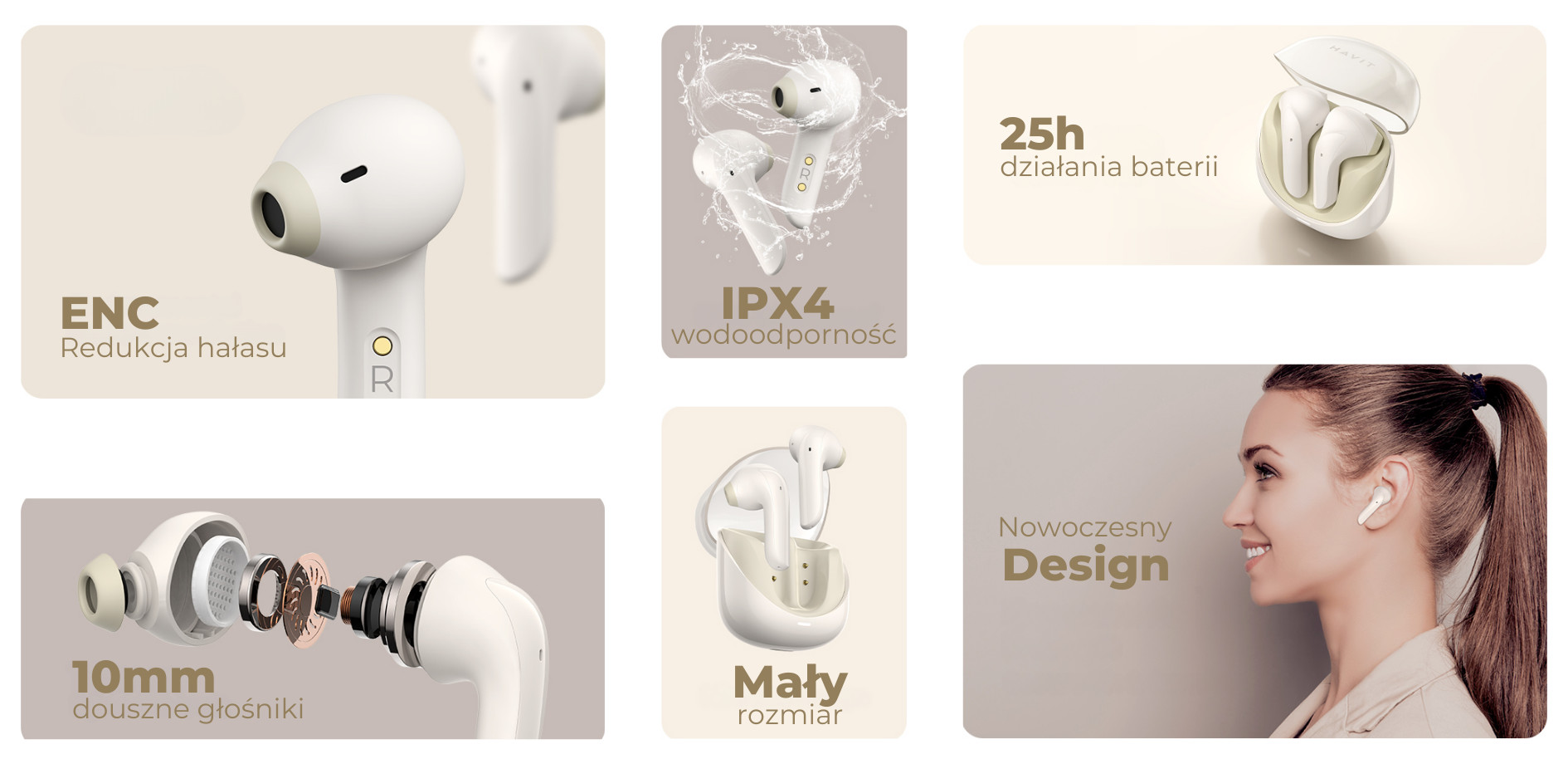 Słuchawki Bluetooth Havit Modern Buds (beżowy) - zdjęcie 4