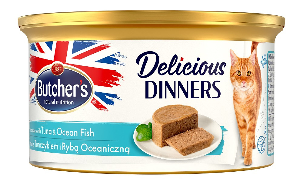 BUTCHER'S Delicious Dinners Cat - mokra karma dla kota z tuńczykiem i rybami w formie musu - puszka - 16x85g - zdjęcie 1