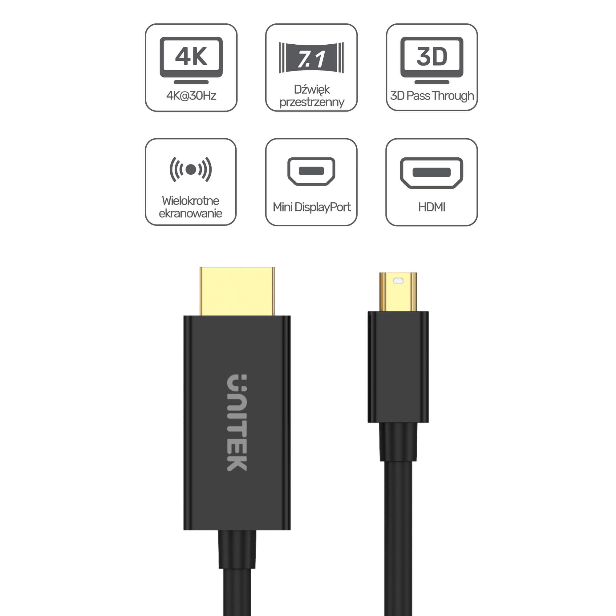 UNITEK ADAPTER MINIDP - HDMI, 4K@30HZ, KABEL 2M - zdjęcie 1