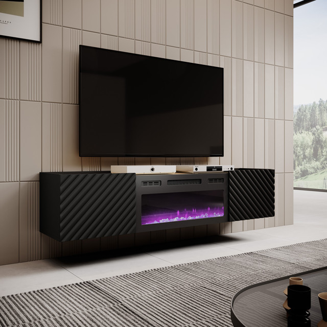 Szafka RTV z kominkiem elektrycznym ONDA 180x40x39-58 czarny (stojąca lub wisząca) - zdjęcie 1