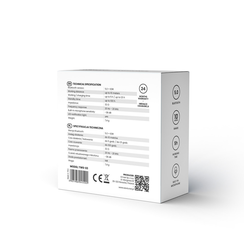 SAVIO BEZPRZEWODOWE SŁUCHAWKI BLUETOOTH TWS-03 - zdjęcie 4