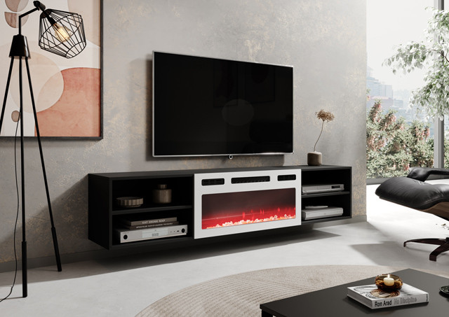 Szafka RTV POLO 180x33x39 czarny + kominek biały - zdjęcie 1