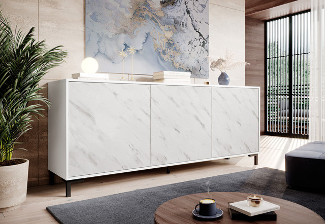 Komoda MARMO 3D 200x45xH80,5 biały mat/marmur biały - zdjęcie 1