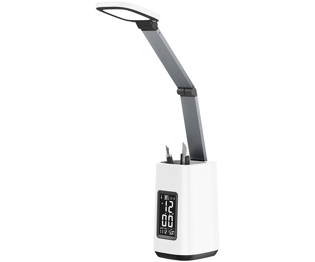 Nowoczesna lampka na biurko LED Activejet TECHNIC biała z wyświetlaczem LED (data, godzina, budzik) składana - zdjęcie 1