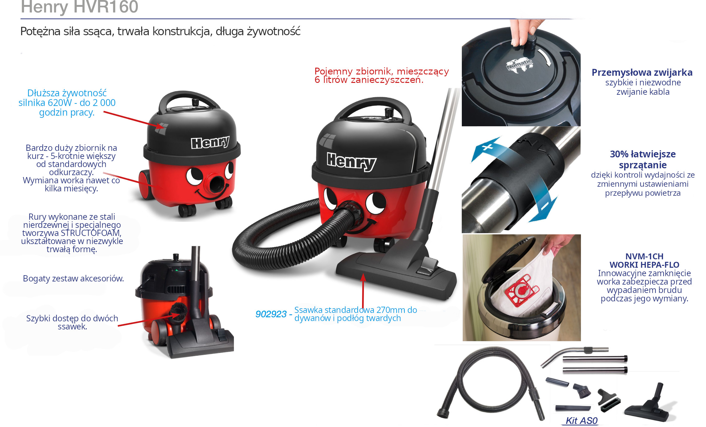 Odkurzacz workowy do zanieczyszczeń suchych Numatic HVR160 Henry 902398 620W czerwony - zdjęcie 10