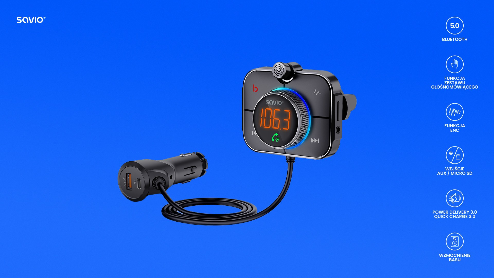 SAVIO TR-14 TRANSMITER SAMOCHODOWY FM Z BLUETOOTH - zdjęcie 5