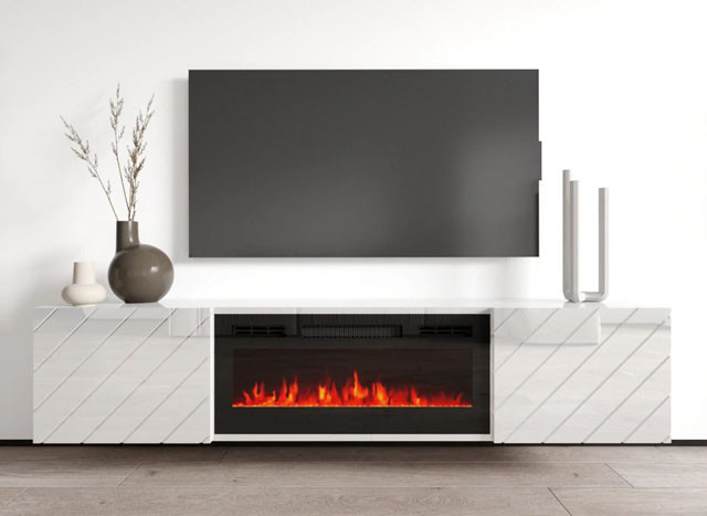 Szafka RTV LUXE 182,6x34,5x37,5 biały/biały połysk + czarny kominek - zdjęcie 1