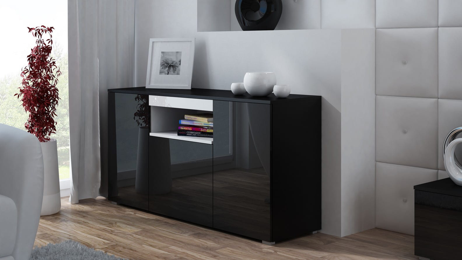 Komoda VIVA 150 biały/ biały połysk+ dąb sonoma - zdjęcie 1