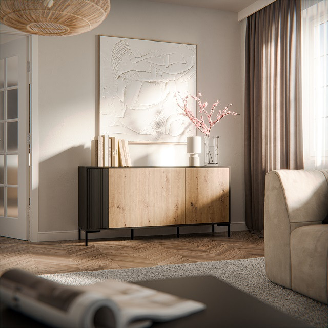 Komoda MERCI 151x40x74 czarny/dąb artisan - zdjęcie 1
