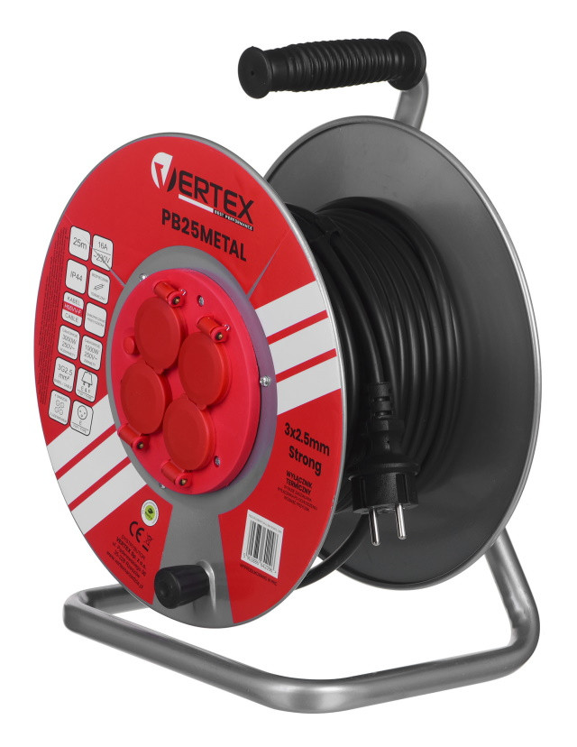 Przedłużacz elektryczny bębnowy 25M VERTEX 3x2,5mm PB25METAL czarny - zdjęcie 1