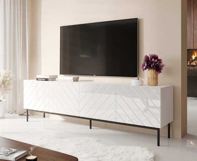 Szafka RTV ABETO na czarnym stelażu ze stali 200x42x60 biały/biały połysk - zdjęcie 1