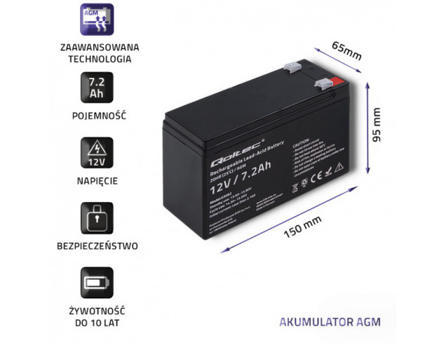QOLTEC AKUMULATOR AGM 12V | 7.2AH | MAX 108A - zdjęcie 1