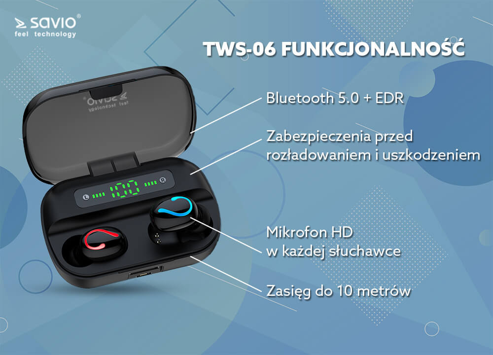 SAVIO BEZPRZEWODOWE SŁUCHAWKI BLUETOOTH TWS-06 - zdjęcie 3