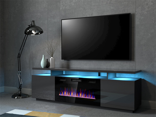 Szafka RTV EVA z kominkiem elektrycznym 180x40x52 grafit/grafit połysk - zdjęcie 1