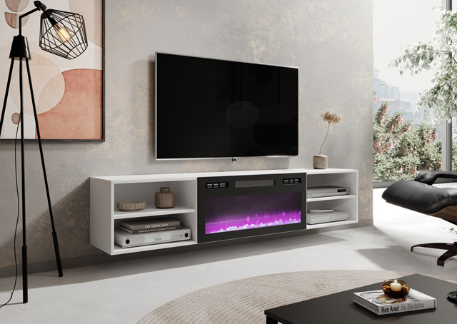 Szafka RTV POLO 180x33x39 biały + kominek czarny - zdjęcie 1