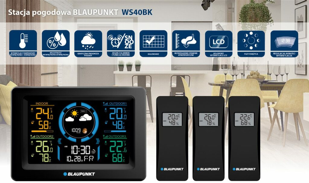 BLAUPUNKT Stacja pogodowa z 3 czujnikami z LCD WS40BK - zdjęcie 1