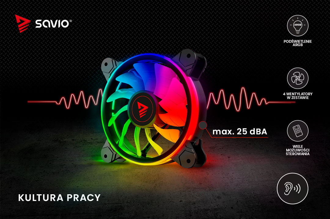 SAVIO ZESTAW 4 WENTYLATORÓW ARGB FAN-01 - zdjęcie 5